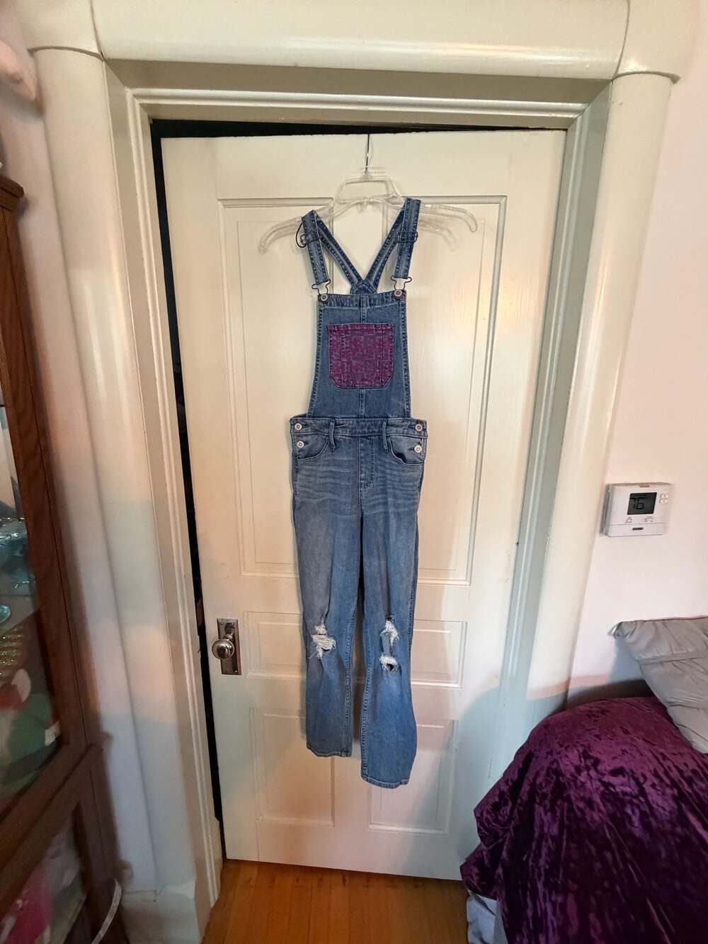 Hollister California Denim Bond Overall with Patterned Pockets and Distressed De